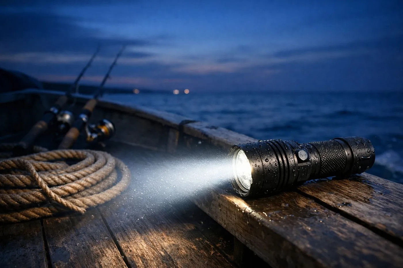 Lampe torche puissante éclairant le pont d'un bateau de pêche au crépuscule