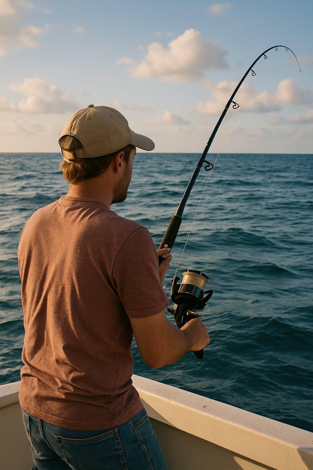 Amateur fisherman sea fishing respectant la réglementation en mer calme, illustration des règles en vigueur