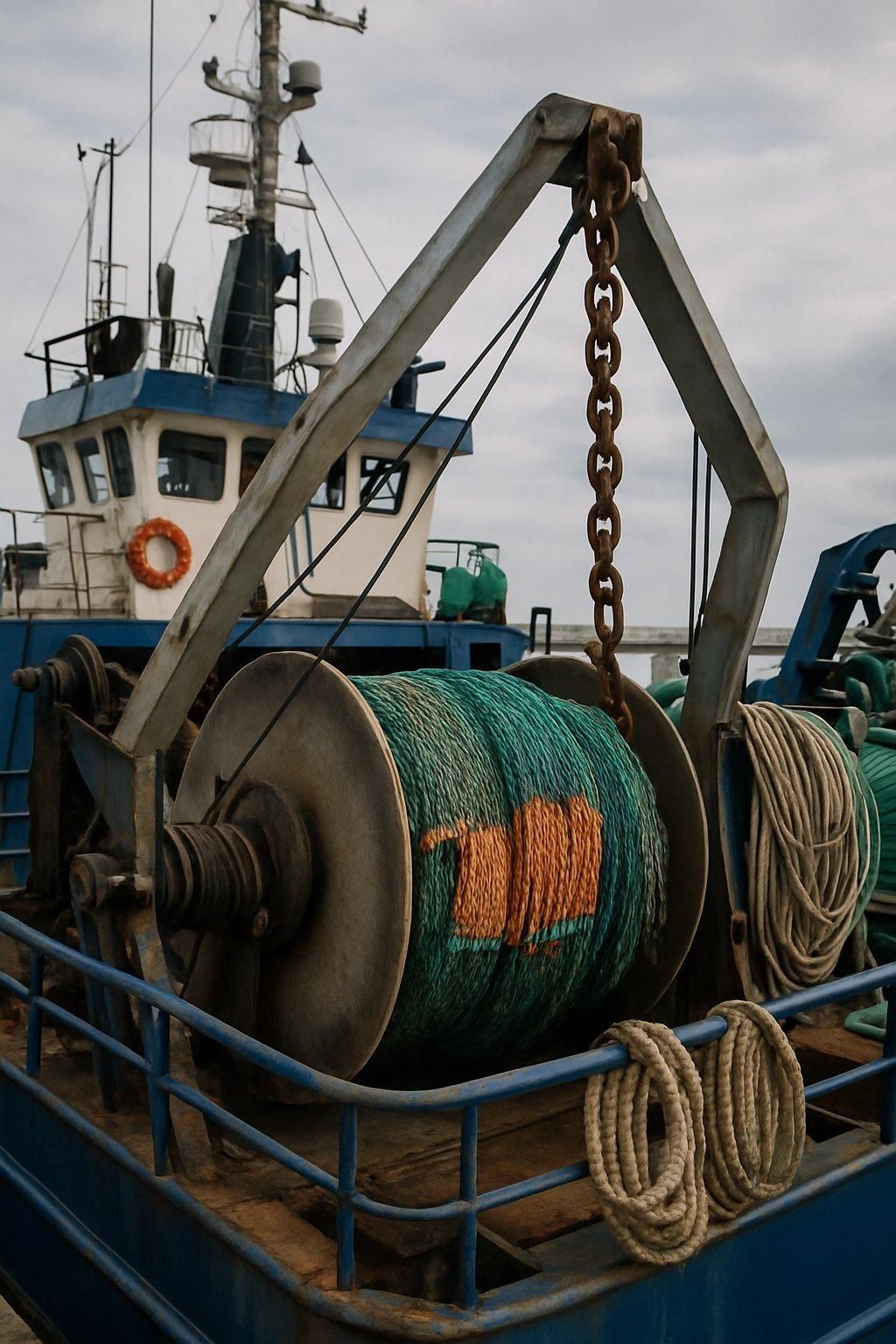 Bateau de pêche en mer avec équipement de chalut, sons et instruments électroniques visibles pour la pêche en bateau.