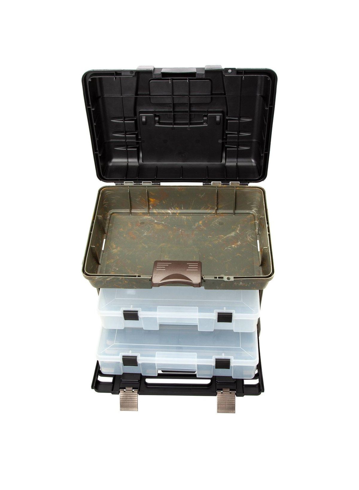 Boîte à leurres fishing tackle box open, rangement organisé pour une pêche en mer efficace et innovante.