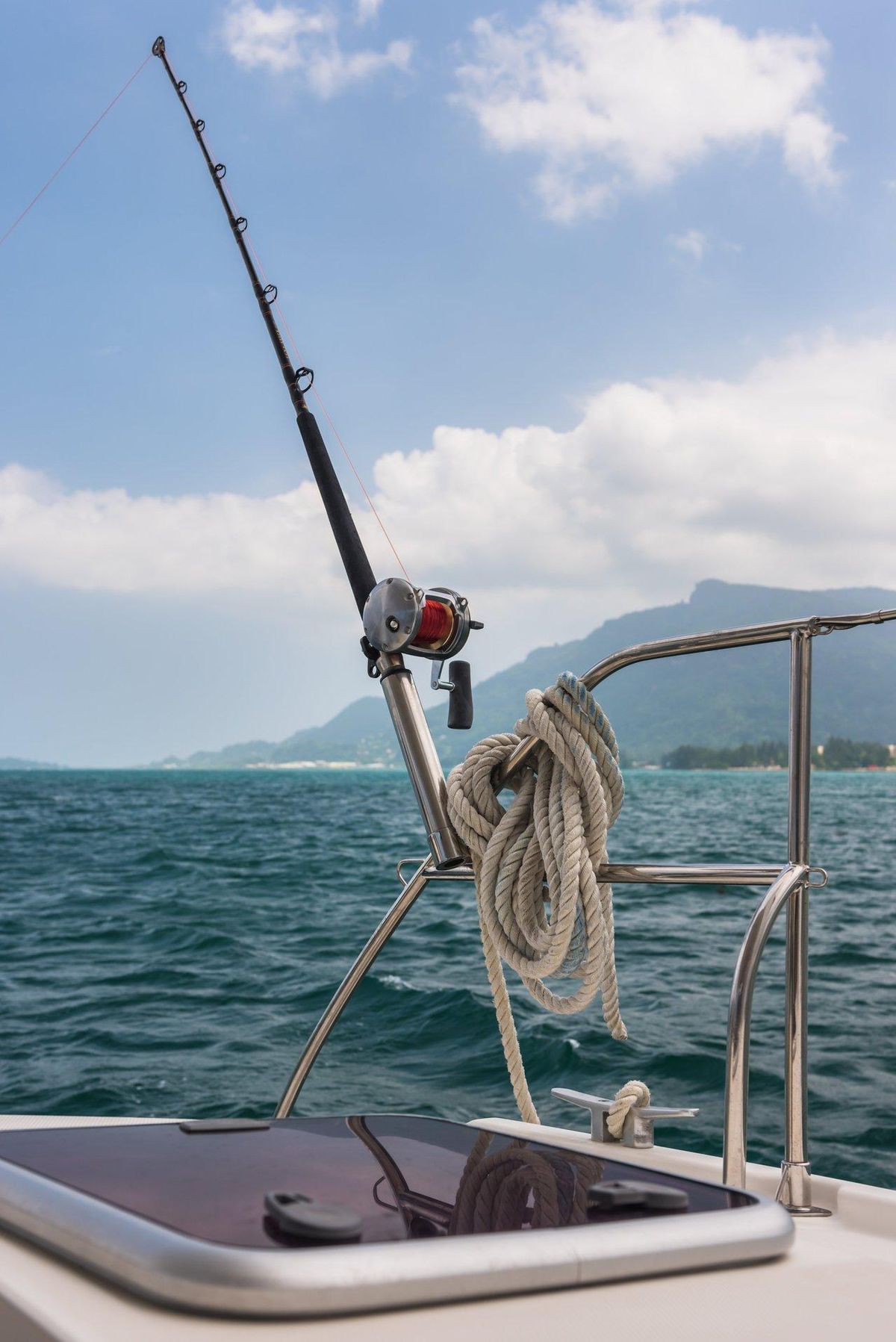 Configuration de cannes à pêche sur un bateau, idéale pour un poste de pêche à soutenir en mer.