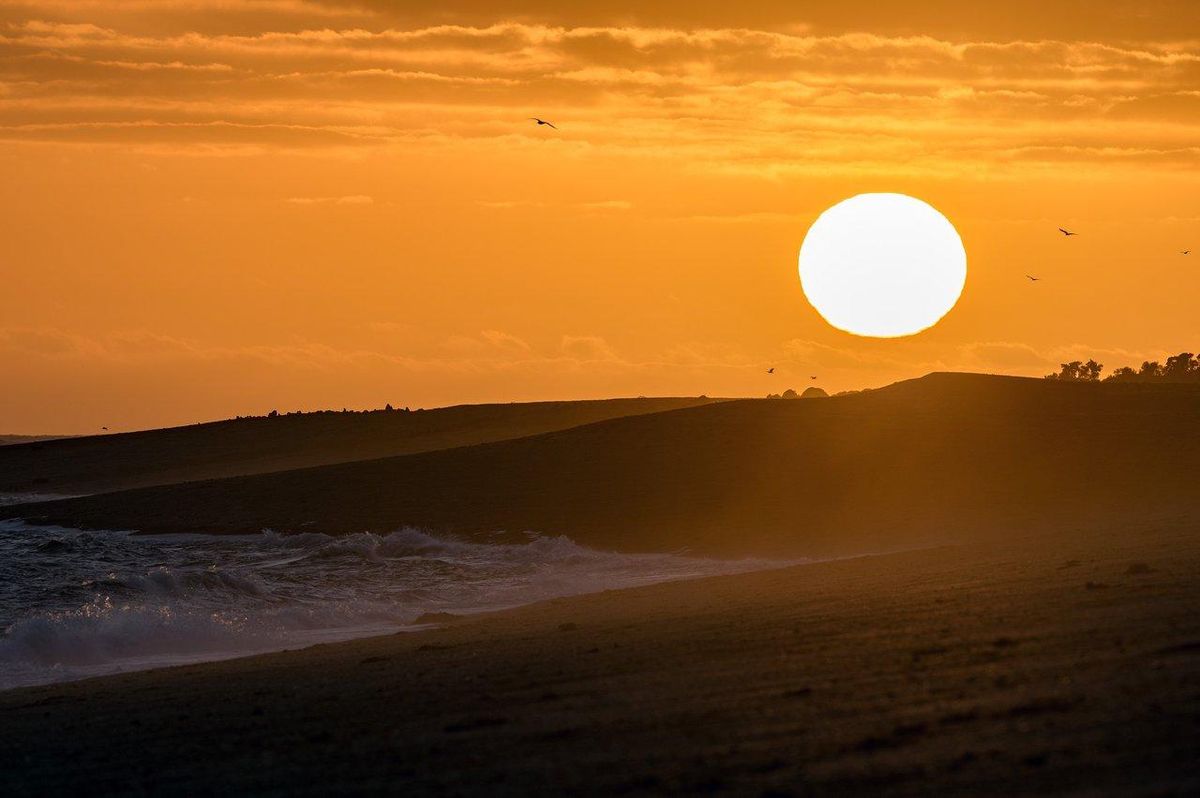 Équipement de kitesurf posé sur le sable au lever du soleil sur la plage basque, ready pour une session.