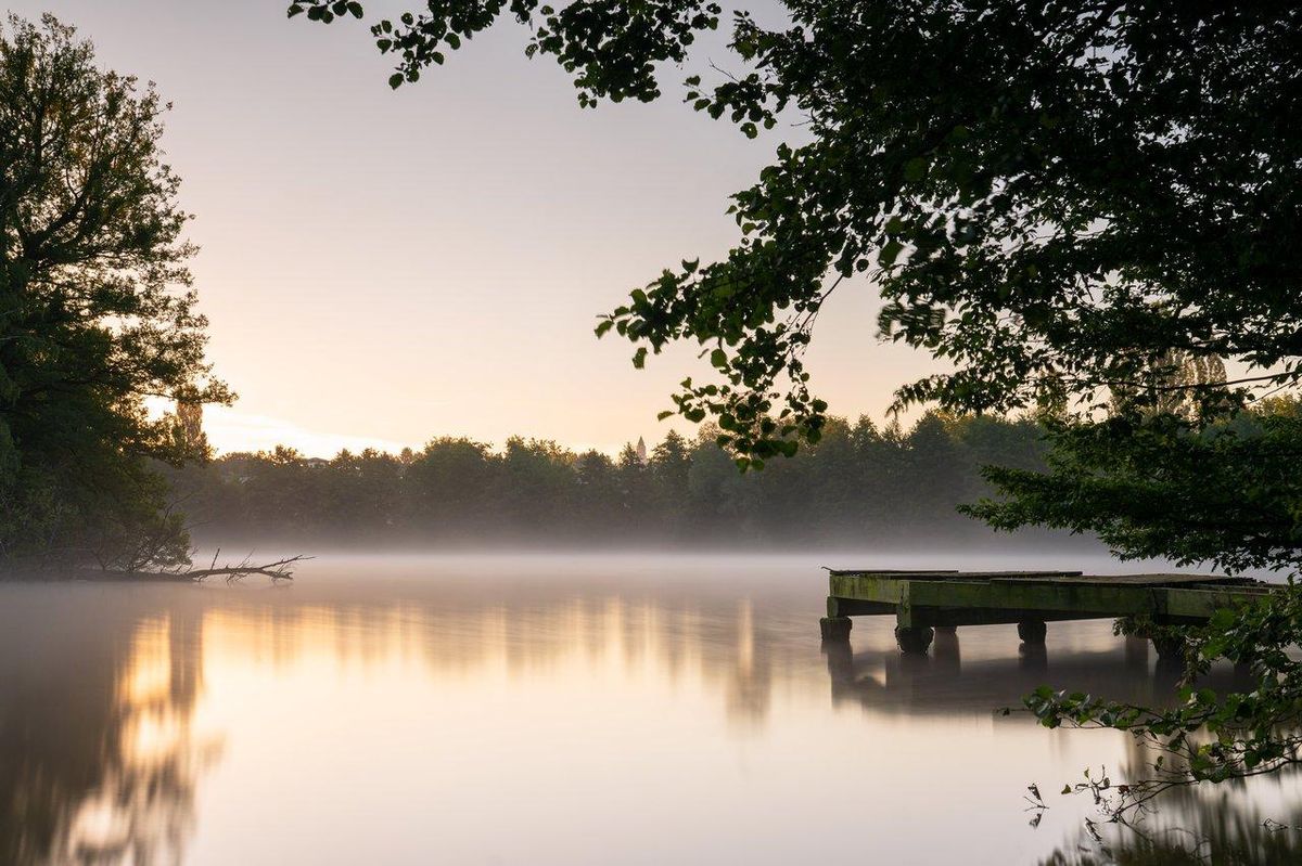 Moulinet Shimano Vanford sur fond de lac au lever du soleil, idéal pour la pêche en lac.