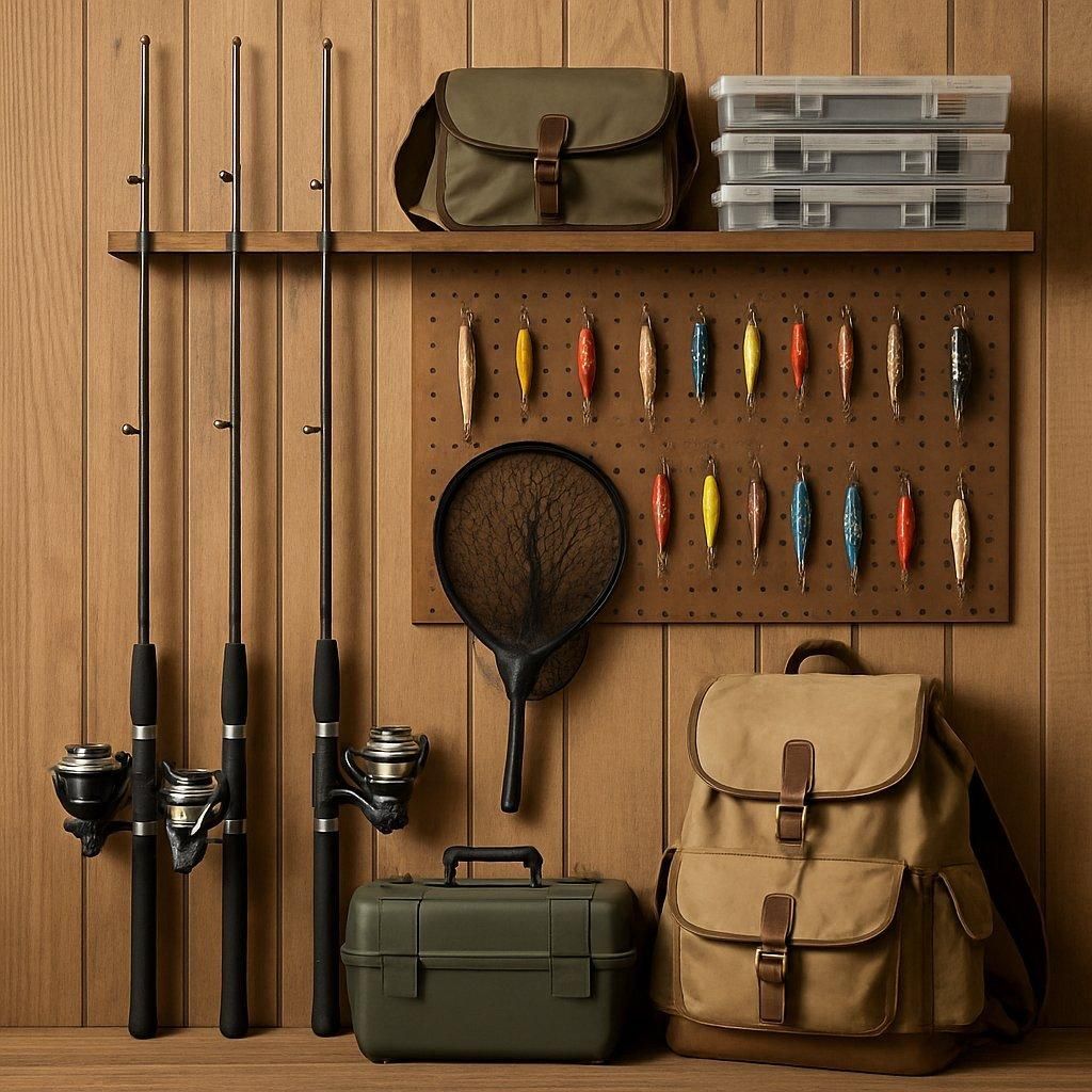 Organisation du fishing gear storage : cannes à pêche et moulinets bien rangés, prêts pour la prochaine sortie en mer.