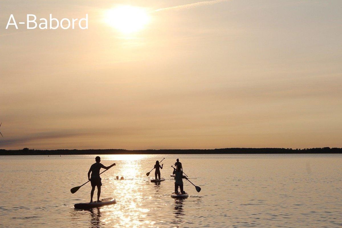 Paddle au crépuscule sur lac calme : choisir sa planche selon les eaux tranquilles.