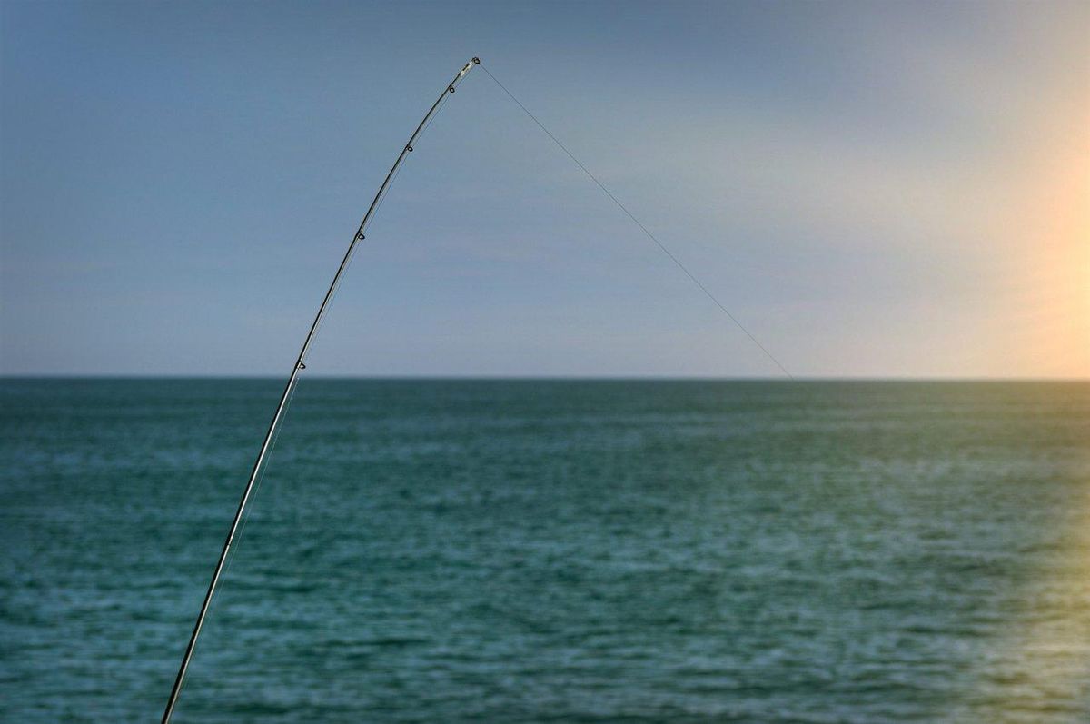 Pêche du maigre en surfcasting sur la plage de l’Atlantique sud, à marée montante, dans un paysage côtier typique.