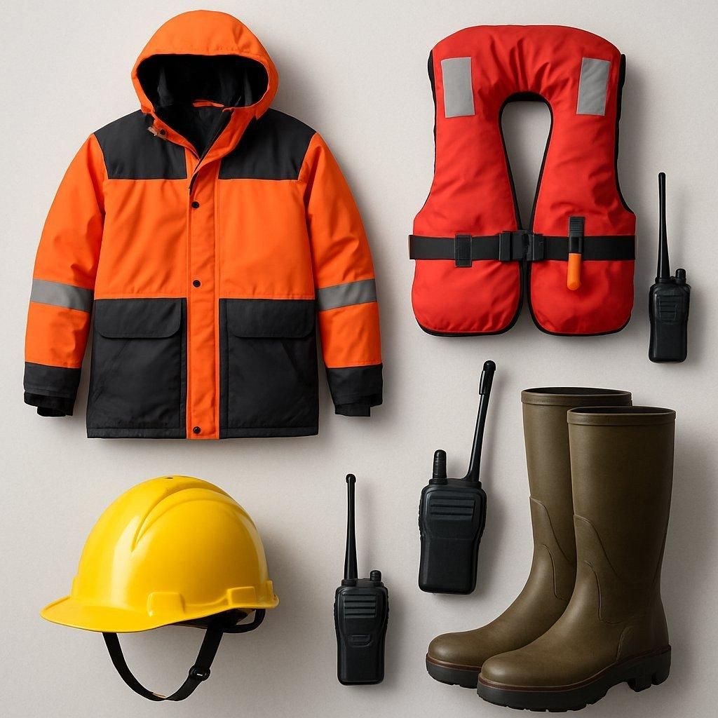 Pêcheur en mer avec équipement de sécurité : gilet de sauvetage, lampe LED et radio VHF pour la sécurité.