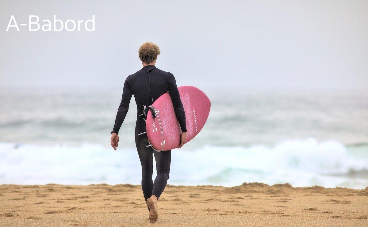 Une combinaison élégante face à l'océan, capturant l'esprit libre des légendes du surf.