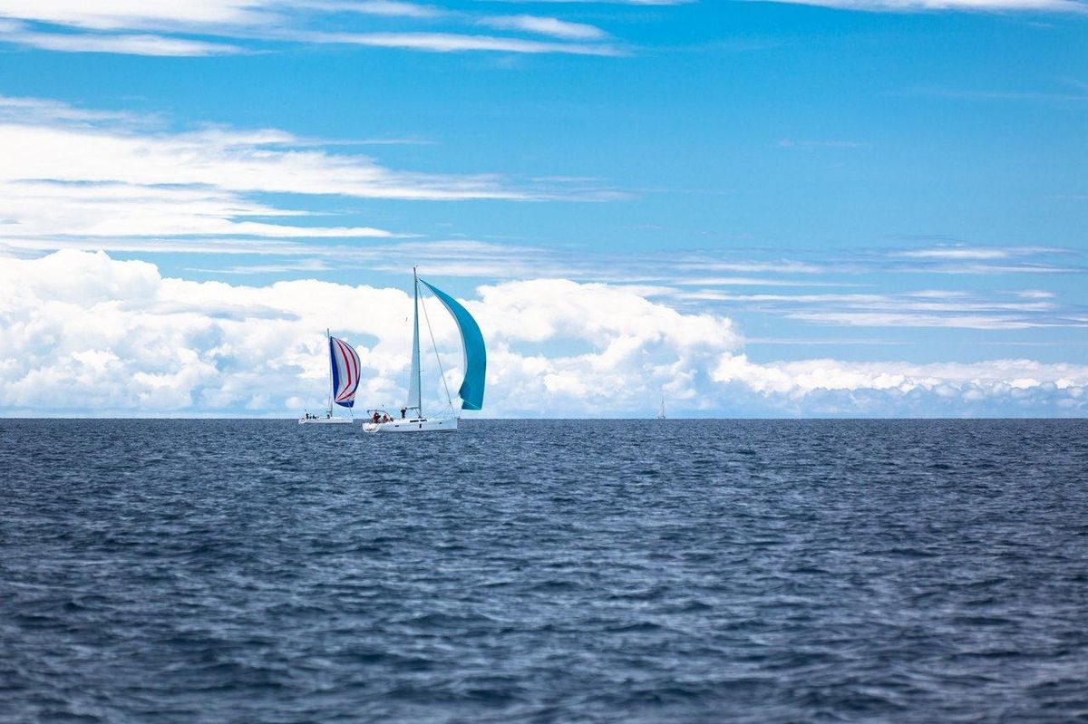 Une équipe de sailing crew racing en pleine manœuvre sous voile lors d'une régate en mer Adriatique par vent fort.