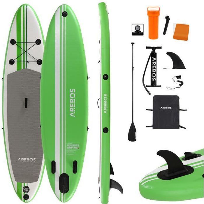 Image de AREBOS Paddle Sup Gonflable | Single Layer | 300cm ou 320cm | Pagaie/ Pompe Haute Pression  | Sac à Dos de Transport | Vert