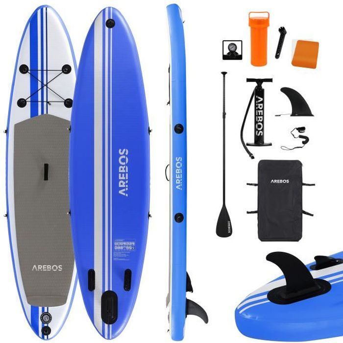 Image de Arebos Stand Up Paddle Sup Gonflable | Single Layer | 300cm ou 320cm | Pagaie/ Pompe Haute Pression| Sac à Dos de Transport | Bleu