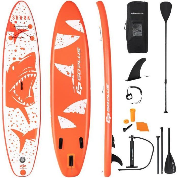 Image de COSTWAY Stand Up Paddle Board Gonflable 320x76x15CM en PVC avec Pagaie Réglable 160-210CM Aileron Amovible Pompe Manuel Style Requin