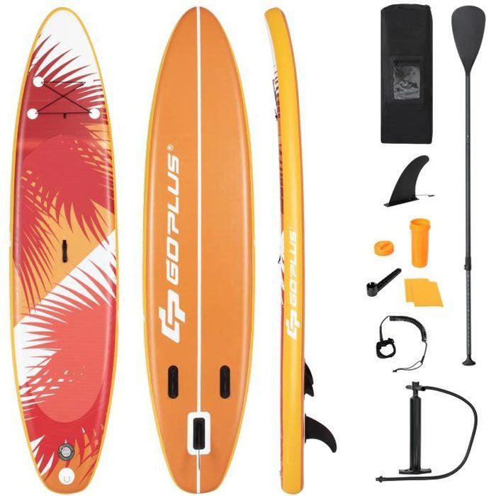 Image de COSTWAY Stand Up Paddle Board Gonflable 320x76x15CM Pagaie Réglable Accessoires Complets Sac Portable Aileron Central Feuilles Rouge