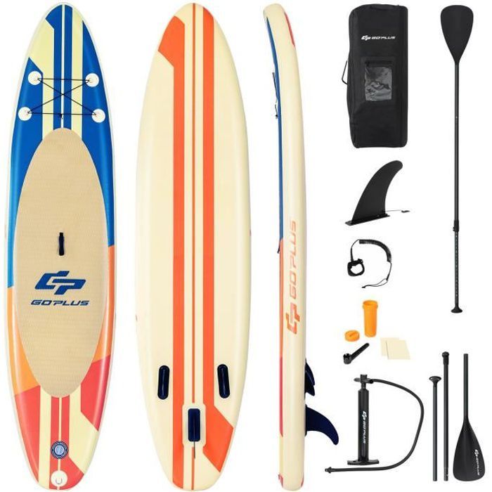 Image de COSTWAY Stand Up Paddle Board Gonflable 335x76x15CM en PVC avec Pagaie Réglable 160-210 CM Aileron Amovible Pompe Manuel Style Rayé