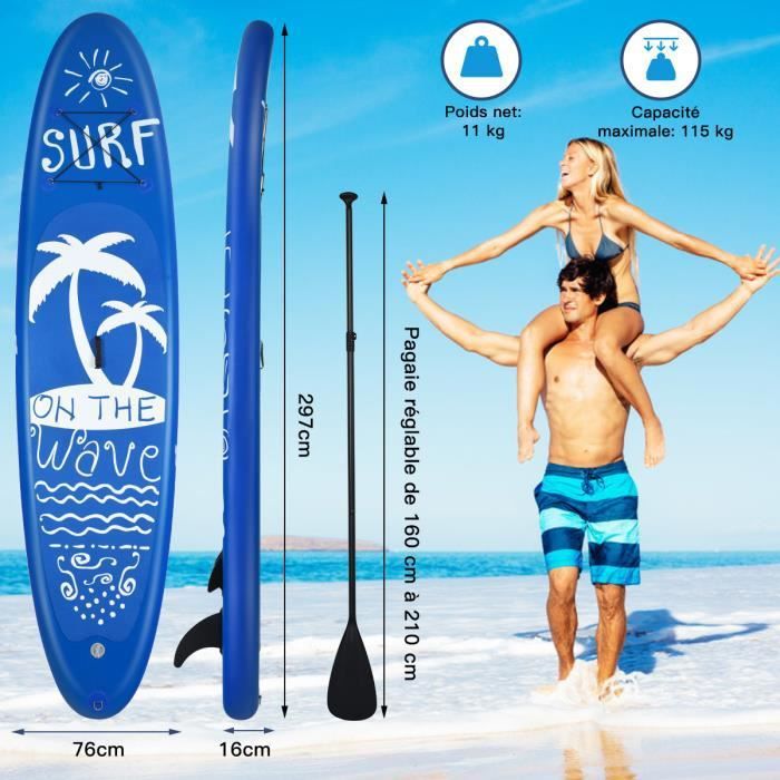Image de COSTWAY Stand Up Paddle Gonflable 297x76x15CM en PVC Accessoires Sac Portable Pagaie Réglable Ailerons Inférieur Pompe à Main Leash