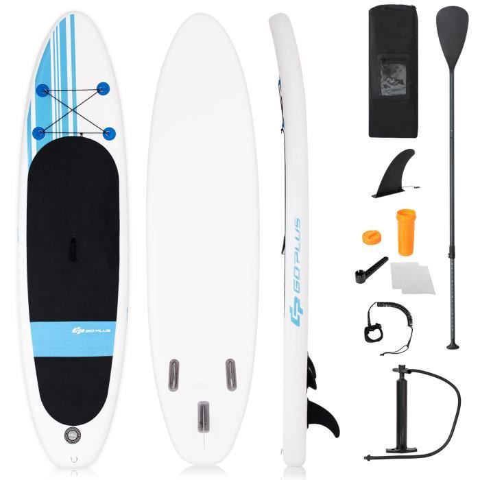 Image de COSTWAY Stand Up Paddle Gonflable 305x76x15CM en PVC avec Pagaie Réglable 160-210 CM Aileron Amovible Pompe Manuel Style Rayé