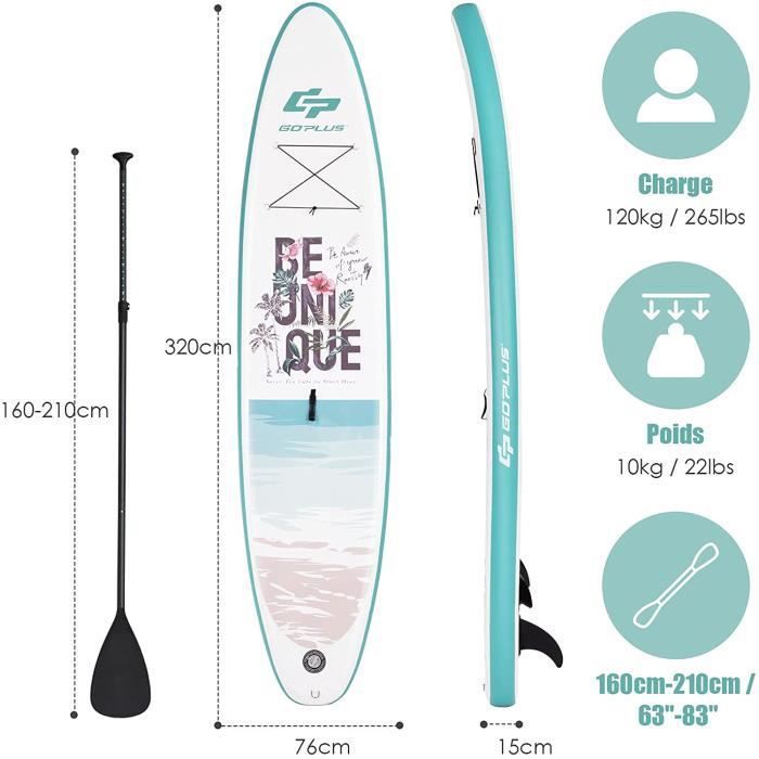 Image de GOPLUS Planche de Surf Gonflable 320CM avec Pompe,Pagaie Réglable 160-210CM,Charge Jusqu'à 120kg,pour Natation,Spa,Yoga,Blanc