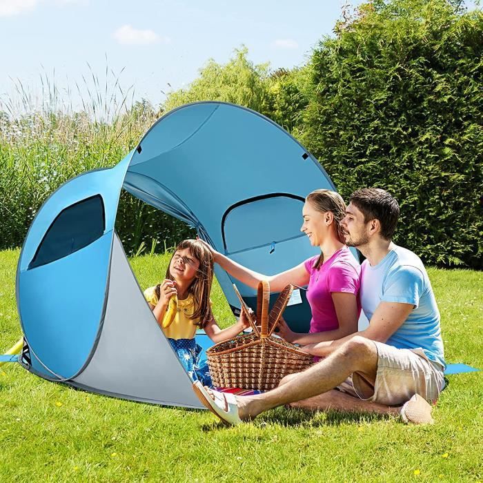 Image de GOPLUS Tente de Plage Abri de Plage pour 3-4 Personnes,Tente Pliante Pop-Up Automatique Protection Solaire pour Voyage,Camping,Bleu