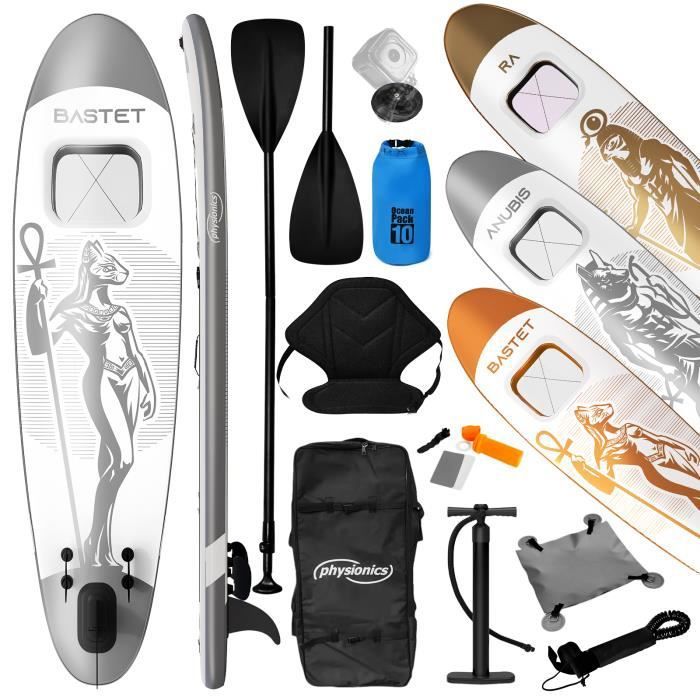 Image de Physionics® Stand Up Paddle Board - 305x76x12 cm, Gonflable, Siège/Fenêtre/Pagaie/Pompe/Laisse, Argent - Planche de SUP, Kayak