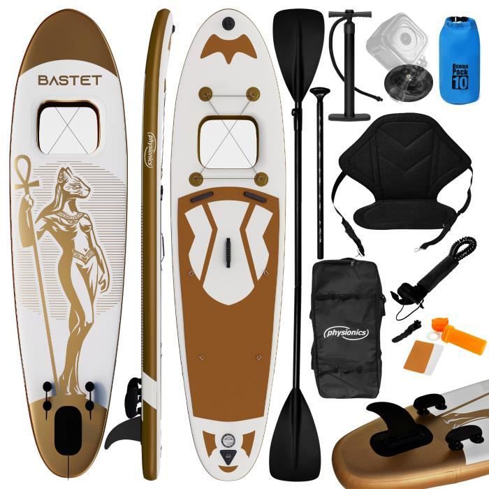 Image de Physionics® Stand Up Paddle Board - 305x76x12 cm, Gonflable, Siège/Fenêtre/Pagaie/Pompe/Laisse, Or - Planche de SUP, Kayak