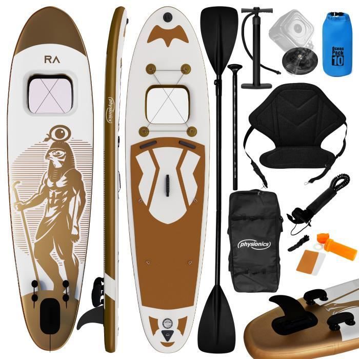 Image de Physionics® Stand Up Paddle Board - 366x80x15 cm, Gonflable, Siège/Fenêtre/Pagaie/Pompe/Laisse, Or - Planche de SUP, Kayak