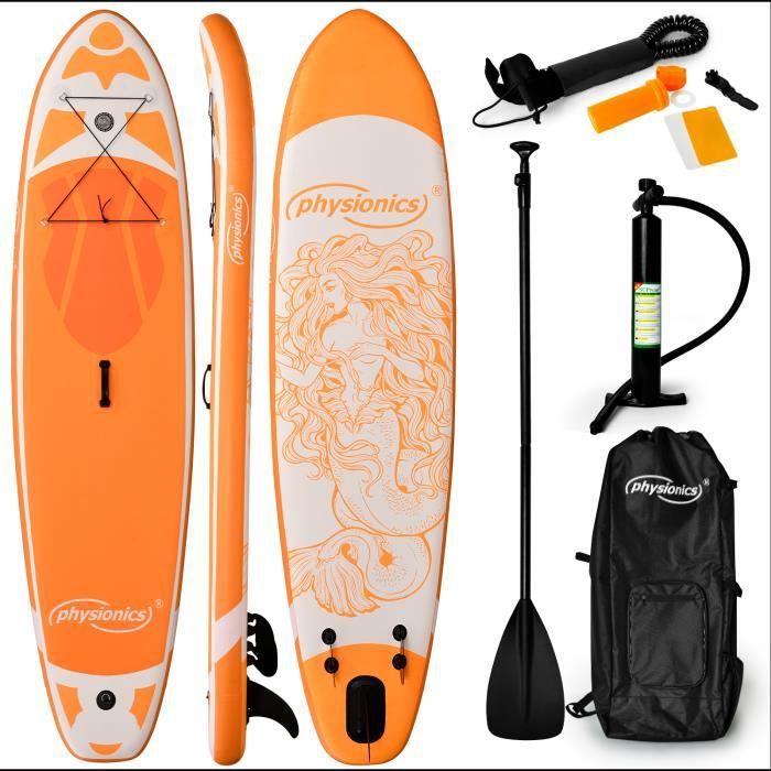 Image de Physionics® Stand Up Paddle Board - Gonflable, 366x80x15 cm, Pagaie, Sac à Dos, Pompe, Laisse, Ailerons, Orange - Planche de SUP