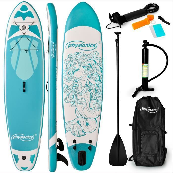 Image de Physionics® Stand Up Paddle Board - Gonflable, T 320x80x15cm, Pagaie, Sac à Dos, Pompe, Laisse, Ailerons, Turquoise - Planche de SUP