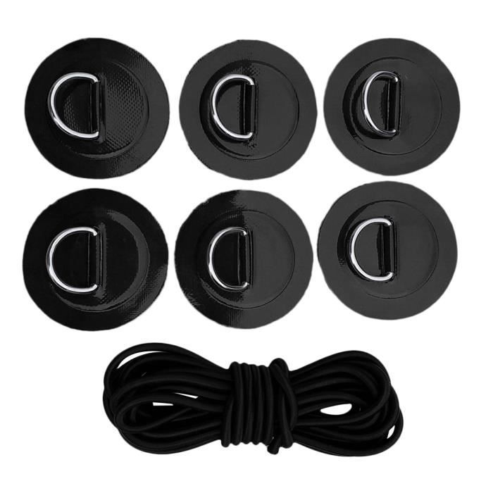 Image de Set 6pcs Patch à D-Anneau Avec 1pc Sandow Tendeur Bungee Cordon Élastique Corde de Choc pour Bateau Kayak SUP Noir
