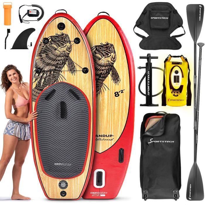 Image de Sportstech WBXs 250 Kit de planche de paddle 8 en 1 + siège kayak & sac à dos LED + haut-parleur