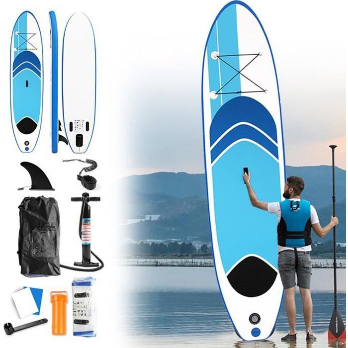 Image de Stand up Paddle Gonflable 305 x 75 cm Universel SUP Mât télescopique: Paddle Board + Sac de transport + Paddle en aluminium etc., Bl