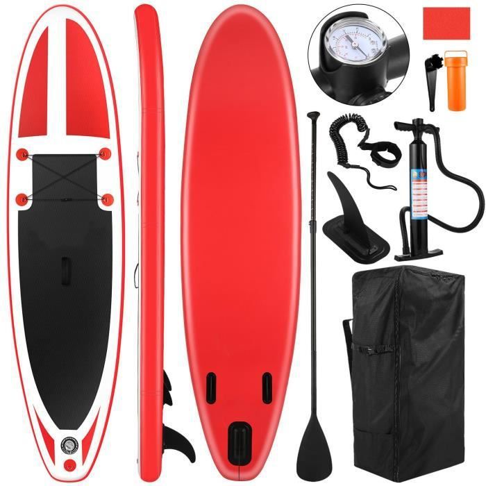 Image de Stand up paddle gonflable 305x76x15cm Planche de surf portative en PVC EVA  charge max 140 kg avec accessoires-Rouge