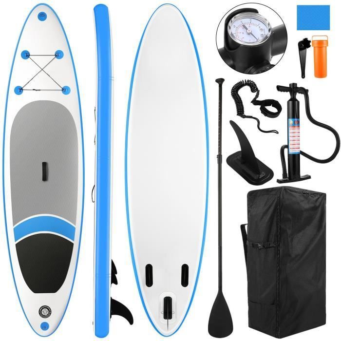 Image de Stand up paddle gonflable 305x76x15cm Planche de surf portative en PVC EVA  charge max 140 kg avec accessoires-Bleu blanc