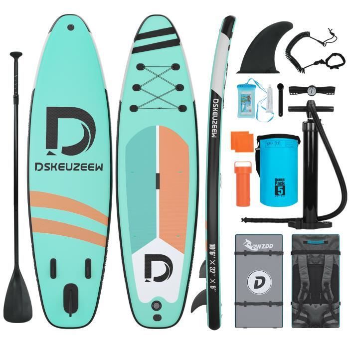 Image de Stand up paddle gonflable | 320 x 80 x 15 cm | Charge Max 158 kg | Adulte Planche de surf portative | en PVC EVA | Vert menthe