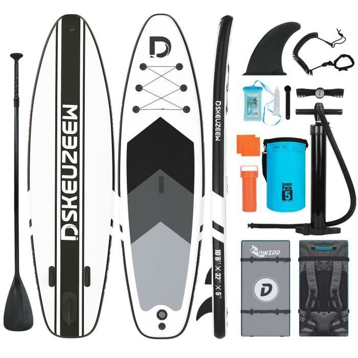 Image de Stand up paddle gonflable | 320 x 80 x 15 cm | Charge Max 158 kg | Adulte Planche de surf portative | en PVC EVA | Noir et blanc