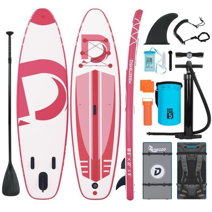 Image de Stand up paddle gonflable | 320 x 80 x 15 cm | Charge Max 158 kg | Adulte Planche de surf portative | en PVC EVA | Rose
