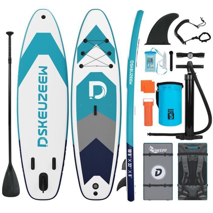Image de SUP Board Gonflable - DSKEUZEEW Stand up Paddle - Portable Ensemble de Planche de Surf - 320 x 80 x 15 cm - charge max 158 kg Bleu