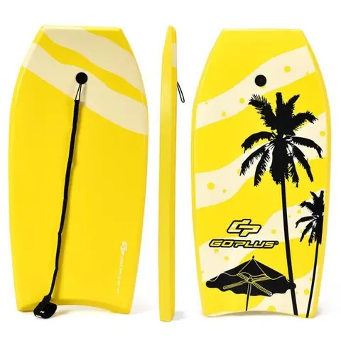 COSTWAY Planche de Surf 41 Pouces Bodyboard en XPE avec 90CM de Corde pour Débutants,Amateurs Jaune avec Noix de Coco + Parasol