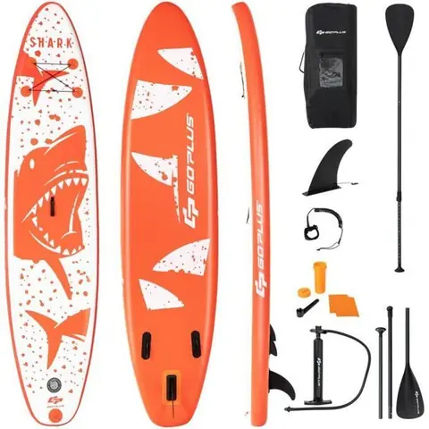COSTWAY Stand Up Paddle Board Gonflable 320x76x15CM en PVC avec Pagaie Réglable 160-210CM Aileron Amovible Pompe Manuel Style Requin