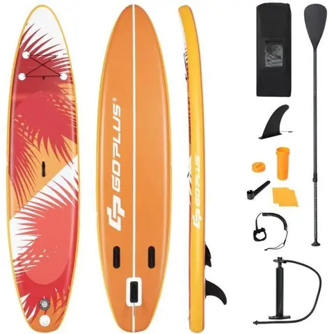 COSTWAY Stand Up Paddle Board Gonflable 320x76x15CM Pagaie Réglable Accessoires Complets Sac Portable Aileron Central Feuilles Rouge