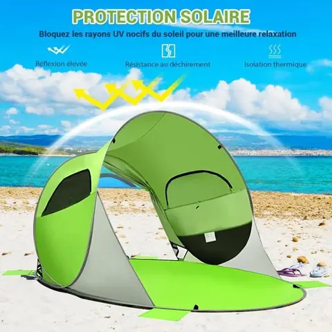 COSTWAY Tente de Plage Pop-up Pliable Automatique Instantanée 3-4 Personnes Anti UV avec 8 Sardines 4 Cordes d’Ancrage Vert