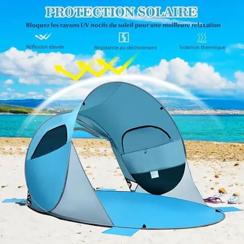 COSTWAY Tente de Plage Pop-up Pliable Automatique Instantanée 3-4 Personnes Anti UV avec 8 Sardines 4 Cordes d’Ancrage Bleu