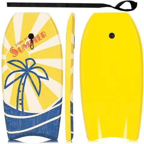 DREAMADE Bodyboard en XPE et HDPE, Planche à Vagues, Planche de Surf Légère avec Corde à Pied, 93x47x6CM pour Personnes 12Ans+,Jaune