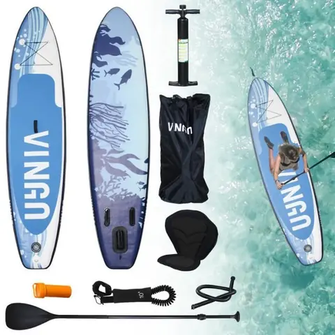 Einfeben Ensemble de planche SUP, Planche de Surf Gonflable Stand Up Paddle 330cm Sac à Dos Paddling Board Bleu et Blanc Avec Assise
