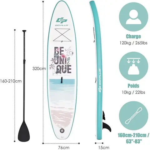 GOPLUS Planche de Surf Gonflable 320CM avec Pompe,Pagaie Réglable 160-210CM,Charge Jusqu'à 120kg,pour Natation,Spa,Yoga,Blanc