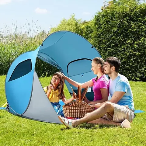 GOPLUS Tente de Plage Abri de Plage pour 3-4 Personnes,Tente Pliante Pop-Up Automatique Protection Solaire pour Voyage,Camping,Bleu