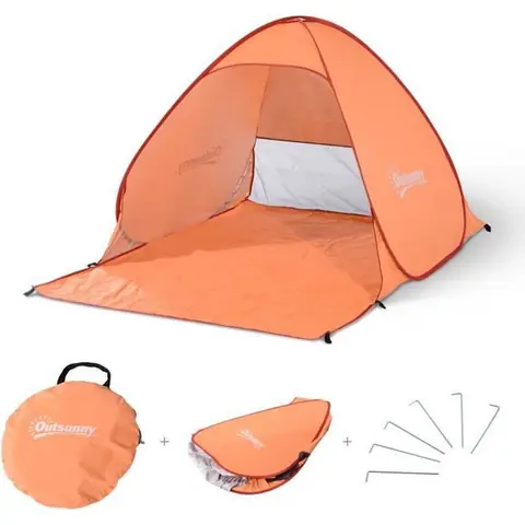 Outsunny Abri de plage tente de plage pliable pop-up automatique instantané protection UV fenêtre arrière grand tapis de sol orange
