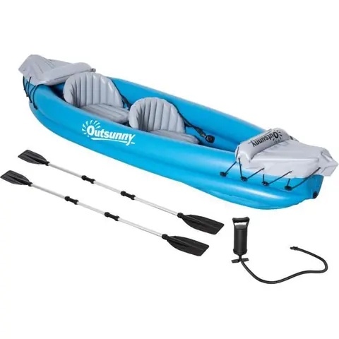 Outsunny Kayak gonflable pour 2 personnes avec pompe à air, rames en aluminium, bleu