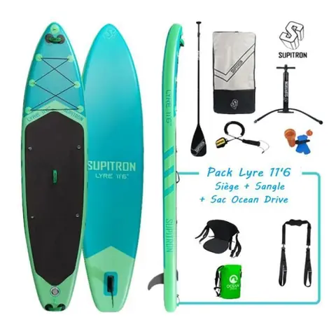 Pack Paddle Gonflable Lyre 11'6 SUPITRON + siège kayak néoprène + sac étanche 30L + sangle de transport