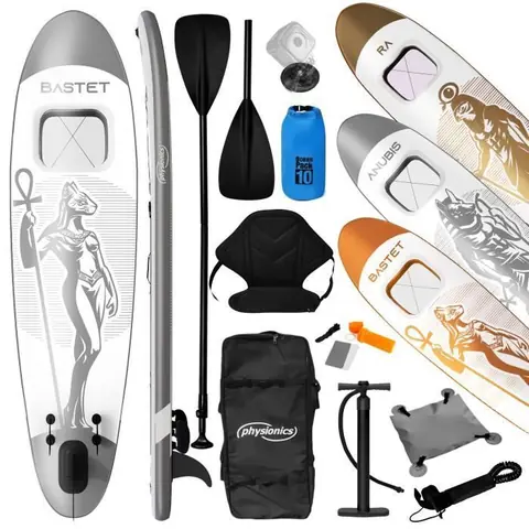Physionics® Stand Up Paddle Board - 305x76x12 cm, Gonflable, Siège/Fenêtre/Pagaie/Pompe/Laisse, Argent - Planche de SUP, Kayak