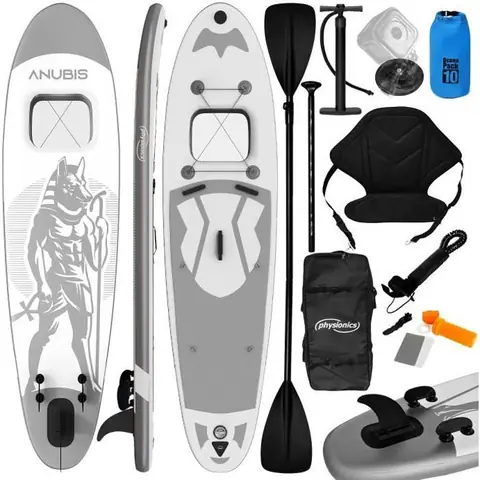 Physionics® Stand Up Paddle Board - 320x80x15 cm, Gonflable, Siège/Fenêtre/Pagaie/Pompe/Laisse, Argent - Planche de SUP, Kayak
